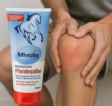 Mivolis Pferdesalbe 200 ml muscle gel shown next to a person holding a painful red knee, highlighting relief for muscle and joint pain.