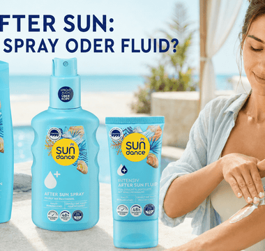 SUNDANCE After Sun Lotion, Spray und Gesichtsfluid neben einer Frau beim Auftragen der Pflege auf den Arm