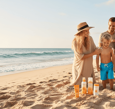SUNDANCE Sonnenschutz Familie am Strand – Sonnenpflege Made in Germany bei VivaVoss