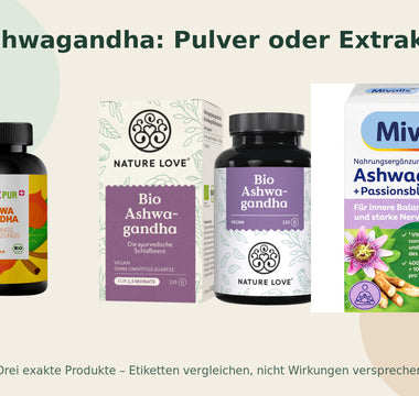 Lebepur, Nature Love und Mivolis Ashwagandha-Kapseln: Pulver und Extrakt im Etikettenvergleich