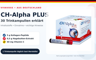 CH-Alpha Plus Packung und Trinkampulle mit Angaben zu Kollagen-Peptiden, Hagebutten-Extrakt und Vitamin C