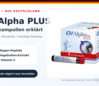 CH-Alpha Plus Packung und Trinkampulle mit Angaben zu Kollagen-Peptiden, Hagebutten-Extrakt und Vitamin C