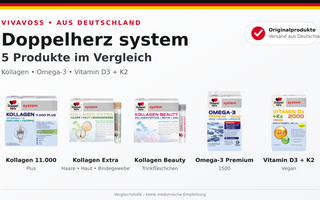 Fünf Doppelherz system Produkte im Vergleich: Kollagen, Omega-3 und Vitamin D3 plus K2