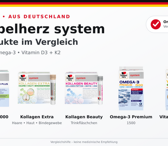 Fünf Doppelherz system Produkte im Vergleich: Kollagen, Omega-3 und Vitamin D3 plus K2