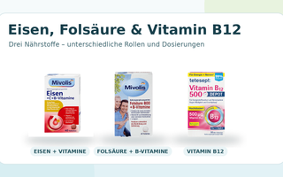 Mivolis Eisen, Mivolis Folsäure 800 und tetesept Vitamin B12 Depot im Vergleich