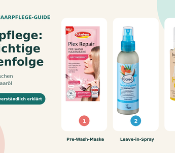 Schaebens Pre-Wash-Haarmaske, Balea Leave-in-Spray und Jean&Len Haaröl in der richtigen Pflegereihenfolge