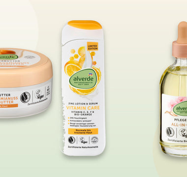 alverde Körperbutter Macadamianuss, Vitamin Care Bodylotion und Mandel Pflegeöl im Vergleich