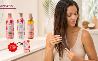 Langhaarmädchen Intense Repair Set mit Shampoo, Conditioner, Haaröl und Haarkur neben einer Frau bei der Haarpflege