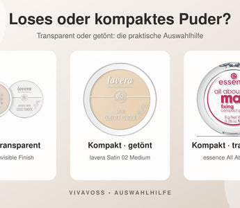 Transparentes loses Puder, getöntes Kompaktpuder und transparentes Kompaktpuder im Vergleich