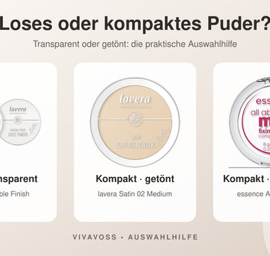 Transparentes loses Puder, getöntes Kompaktpuder und transparentes Kompaktpuder im Vergleich