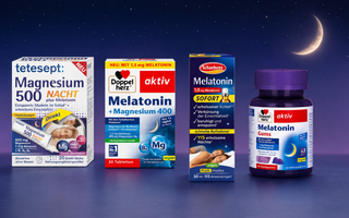Vier authentische Melatonin- und Schlafproduktverpackungen aus der VivaVoss Bestselleranalyse