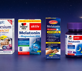 Vier authentische Melatonin- und Schlafproduktverpackungen aus der VivaVoss Bestselleranalyse