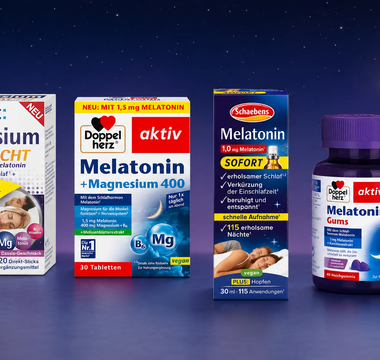 Vier authentische Melatonin- und Schlafproduktverpackungen aus der VivaVoss Bestselleranalyse