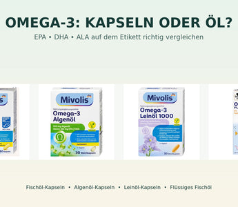 Vier Omega-3-Produkte im Vergleich: Fischöl-, Algenöl- und Leinölkapseln sowie flüssiges Fischöl
