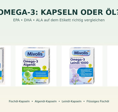 Vier Omega-3-Produkte im Vergleich: Fischöl-, Algenöl- und Leinölkapseln sowie flüssiges Fischöl