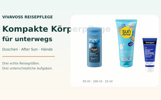 Kompakte Körperpflege für unterwegs mit Duschgel, After Sun und Handcreme