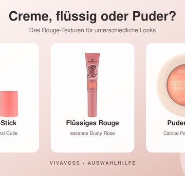 Creme-Stick, flüssiges Rouge und Puder-Rouge im Vergleich