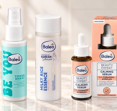 Balea Toner Spray, Rice Milky Essence und Beauty Expert Calming Serum in richtiger Pflegereihenfolge