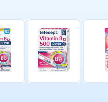 tetesept Vitamin B12 Depot, tetesept Vitamin B12 Direkt Sticks und Mivolis Vitamin B12 Brausetabletten im Vergleich