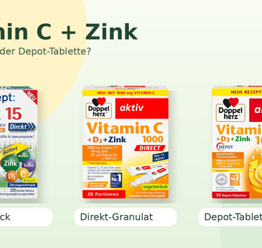 tetesept Zink 15 Direkt sowie Doppelherz Vitamin C 1000 DIRECT und DEPOT im Vergleich