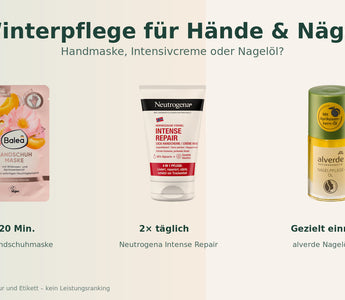Balea Handschuhmaske, Neutrogena Intense Repair Handcreme und alverde Nagelöl im Winterpflege-Vergleich