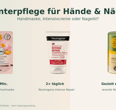 Balea Handschuhmaske, Neutrogena Intense Repair Handcreme und alverde Nagelöl im Winterpflege-Vergleich
