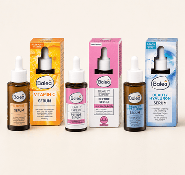 Balea Vitamin C, Beauty Expert Peptide und Beauty Hyaluron 7-fach Serum im Vergleich