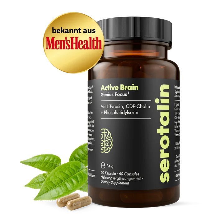 Braune Dose serotalin GENIUS BRAIN mit schwarzem Etikett, grüner Schrift, Men's Health Siegel, Teeblättern und zwei Kapseln.