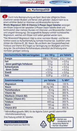 Magnesium 500 + B-Vitamine 2-Phasen Depot, Tabletten 30 St., 45 g