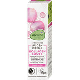 alverde Kollagen Boost Augencreme in weißer Faltschachtel mit rosa Blütenblatt-Design und Naturkosmetik-Siegeln.
