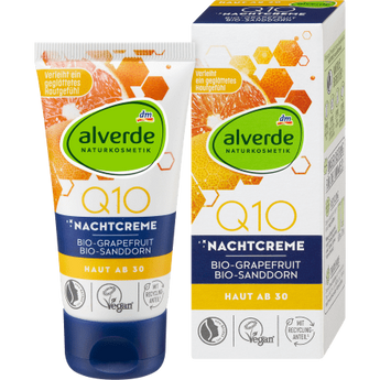 Alverde Q10 night cream made from natural coenzyme Q10, organic grapefruit extract, organic sea buckthorn oil and organic acerola extract