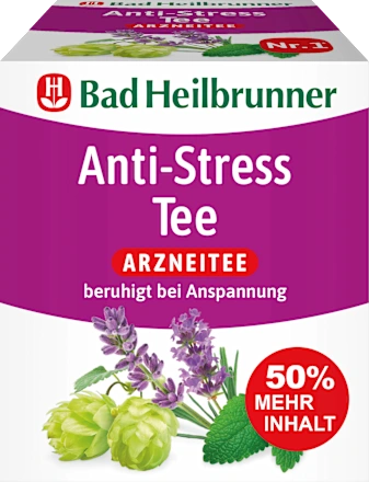 Bad Heilbrunner Anti-Stress Arzneitee Packung mit lila Design, Lavendel- und Hopfen-Illustrationen und 50% mehr Inhalt Sticker.
