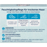 Rückseite der Balea Festes Shampoo Verpackung mit Anwendungshinweisen, Inhaltsstoffen und blauen Icons auf hellblauem Grund.