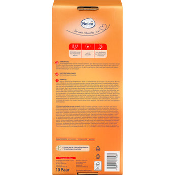 Rückseite der orangefarbenen Balea Fuß Wärmepads Verpackung mit Anwendungshinweisen und Symbolen für 10 Paar Einmal-Wärmepads.