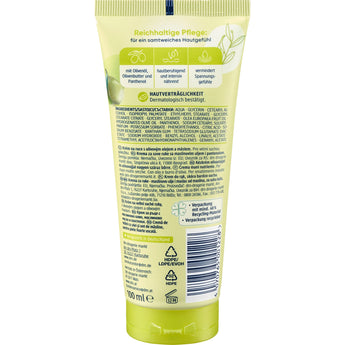 Rückseite der 100 ml Balea Handcreme Olive Tube mit Inhaltsstoffen, Anwendungshinweisen und Recycling-Symbolen.