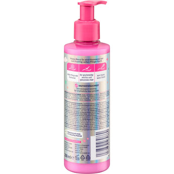 Pinke Balea Kinder-Spülung Happy Berry 200 ml mit Pumpspender, Produktinformationen und Inhaltsstoffen auf der Rückseite.