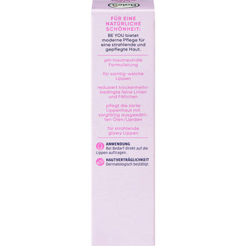 Rückseite der Balea Lippenpflege Be You Verpackung mit Produktinformationen und Anwendungshinweisen auf hellem Hintergrund.