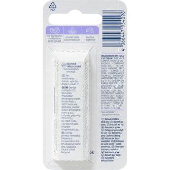 Rückseite der Balea Lippenpflege Coconut & Berry Verpackung mit Inhaltsstoffen und Anwendungshinweisen auf weißem Karton.