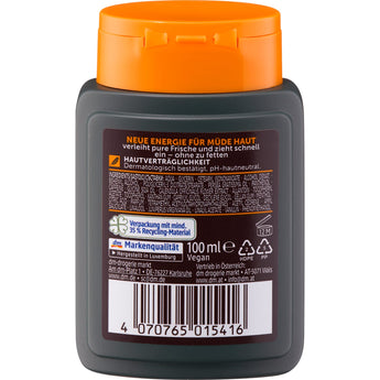 Rückseite einer grauen 100 ml Balea MEN Pflegeflasche mit orangefarbenem Klappdeckel, Inhaltsstoffen und Barcode.