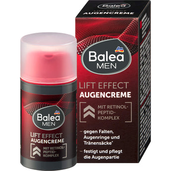 Balea MEN Lift Effect Augencreme mit Retinol-Peptid-Komplex in roter Spenderflasche mit passender Faltschachtel.