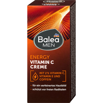 Balea MEN Energy Vitamin C Creme in brauner Verpackung mit orangefarbenen Akzenten und Wirkstoffhinweisen.