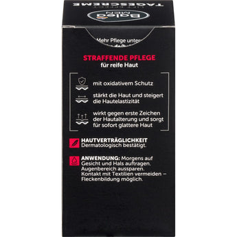 Schwarze Verpackung der Balea MEN Tagescreme mit weißer Schrift und Hinweisen zu straffender Pflege für reife Haut.