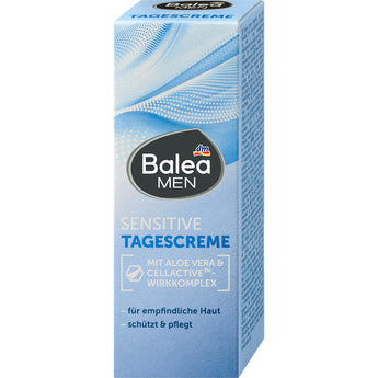 Balea MEN Sensitive Tagescreme in hellblauer Verpackung mit Aloe Vera und Cellactive Wirkkomplex für empfindliche Haut.