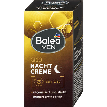 Balea MEN Q10 Nachtcreme in schwarz-goldener Verpackung mit regenerierender Formel zur Milderung erster Falten.