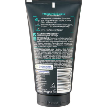 Rückseite der Balea MEN Reinigungsgel-Tube mit Aktivkohle, Inhaltsstoffen und Anwendungshinweisen auf 150 ml.