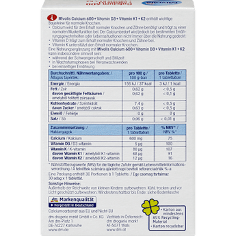 Calcium 600 + Vitamin D3 + K1 + K2, 30 St. Mivolis
