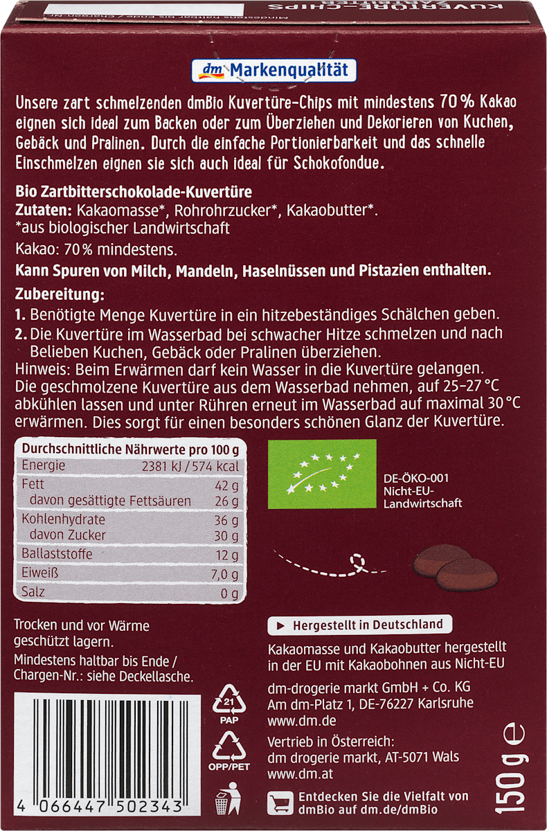 Chocolate Chips, Dark Chocolate, Vegan, 150 g