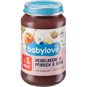 Früchte Heidelbeere & Pfirsich in Birne ab dem 5. Monat, 190 g Puree by BabyLove – Available at VivaVoss