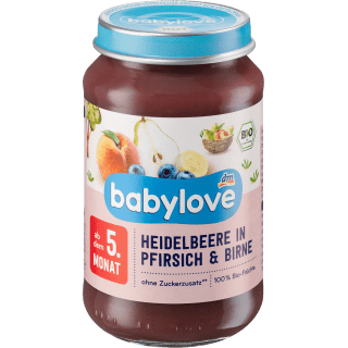 Früchte Heidelbeere & Pfirsich in Birne ab dem 5. Monat, 190 g Puree by BabyLove – Available at VivaVoss