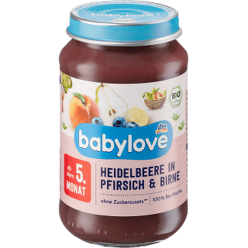 Früchte Heidelbeere & Pfirsich in Birne ab dem 5. Monat, 190 g Puree by BabyLove – Available at VivaVoss